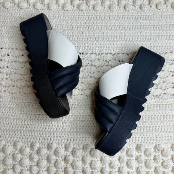 SOREL Womens 8.5 Cameron Puff Platform Slide Sandal Leather Black White Flatform - Picture 3 of 10